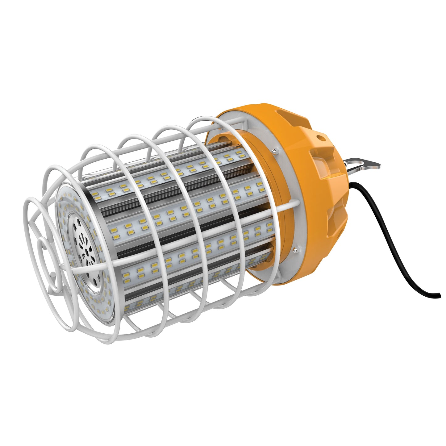 60 Watt LED Hi-lumen temporary hi-bay caged lamp; 5000K; Integrated cord / plug and hook; 120 Volt