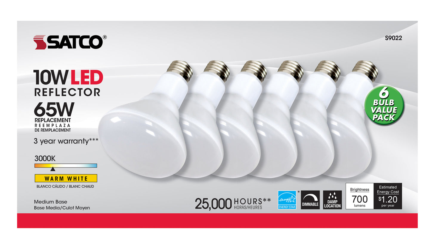 10 Watt; BR30 LED; 100 deg. Beam Angle; 3000K; Medium base; 120 Volt; Dimmable; 6-pack