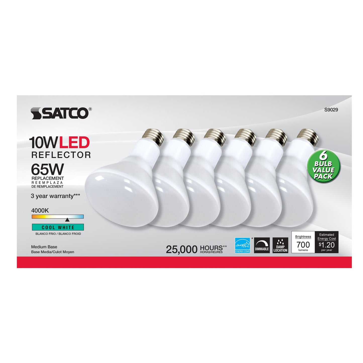 10 watt; BR30 LED; 100 deg. beam spread; 4000K; Medium base; 120 volts; Dimmable; 6-pack