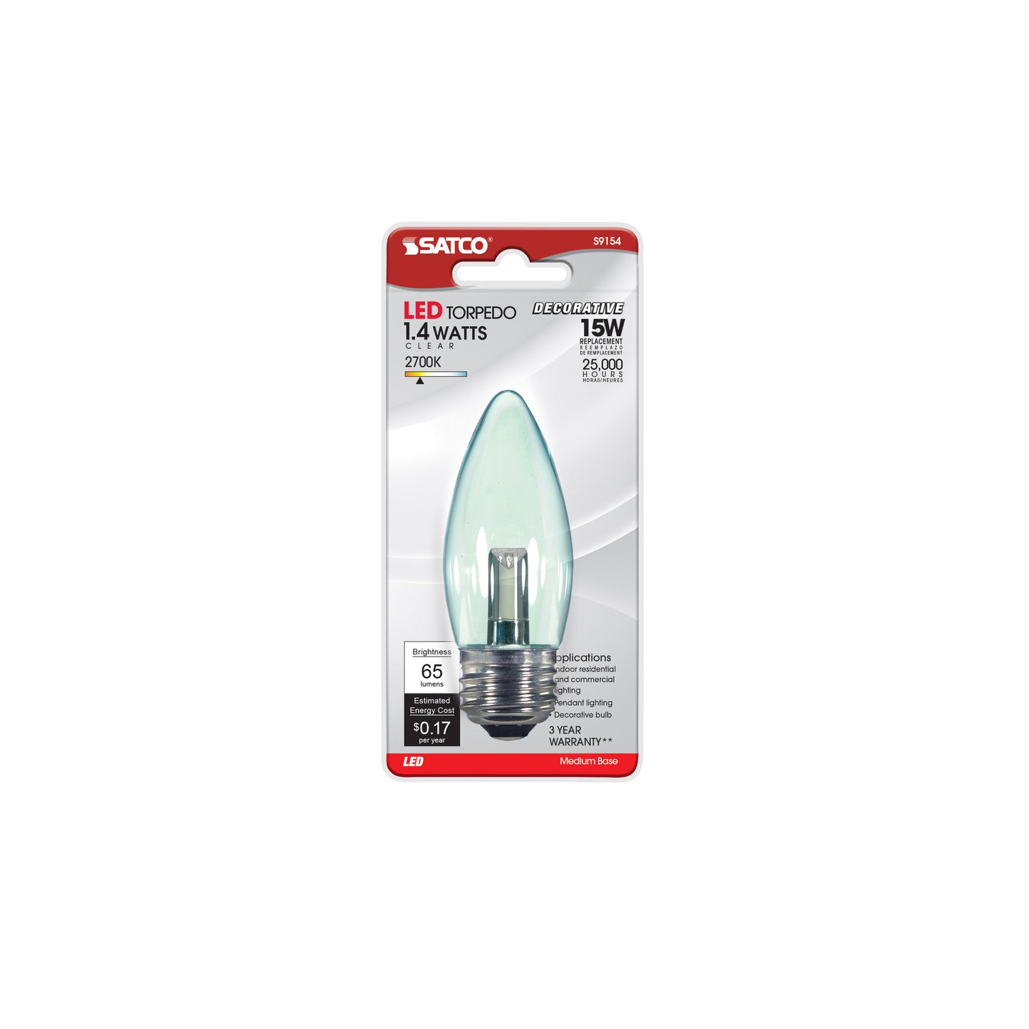1.4 Watt LED; B11; Clear; 2700K; Medium base; 120 Volt; Carded