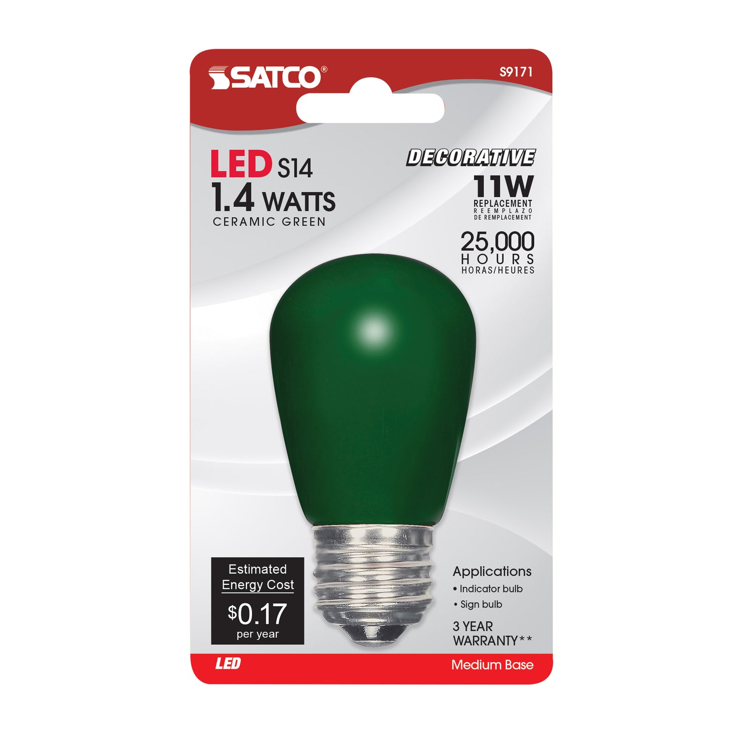 1.4 Watt LED; S14; Ceramic Green; Medium base; 120 Volt; Carded