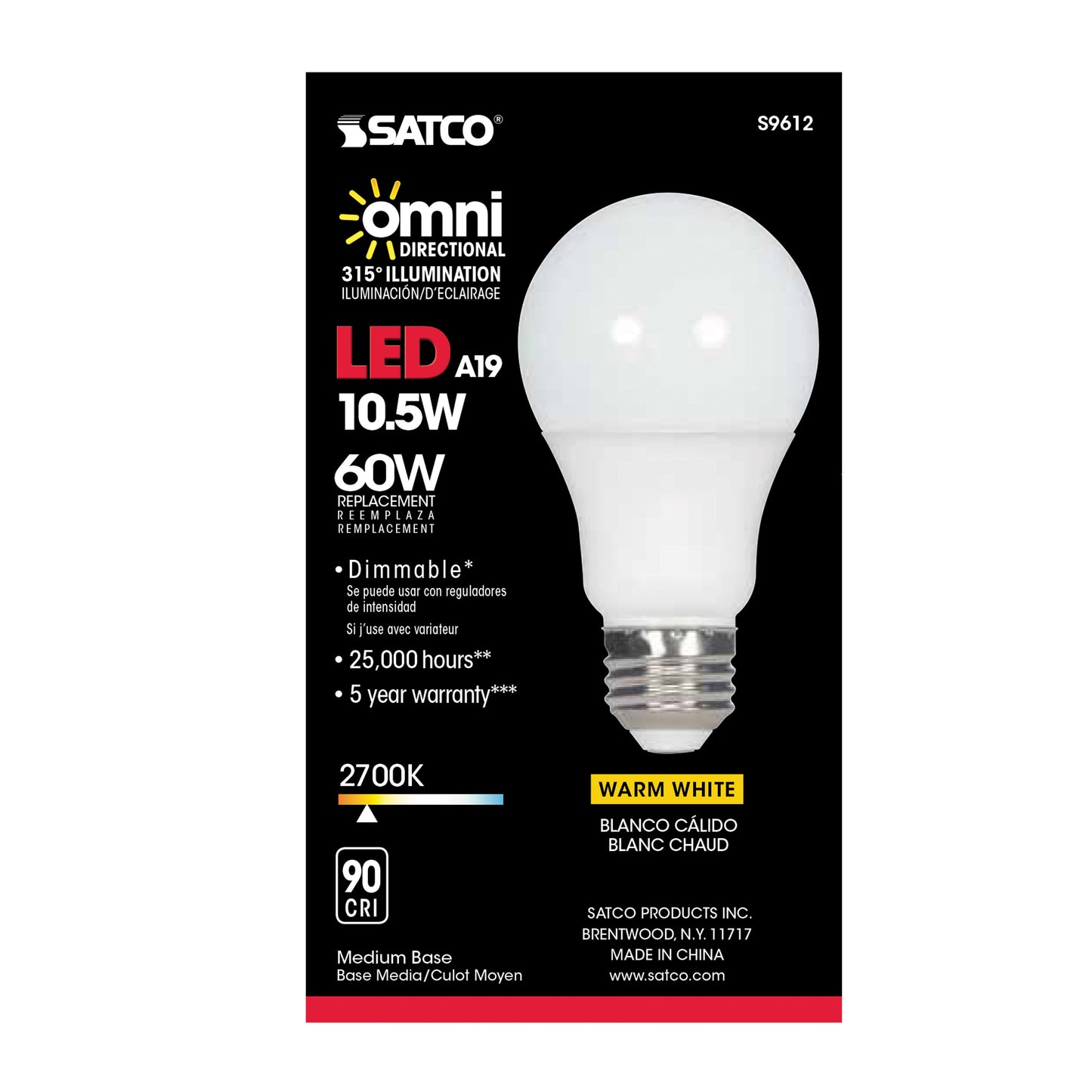 10.5 watt; A19 LED; 2700K; Medium base; 300' beam spread; 120 volts