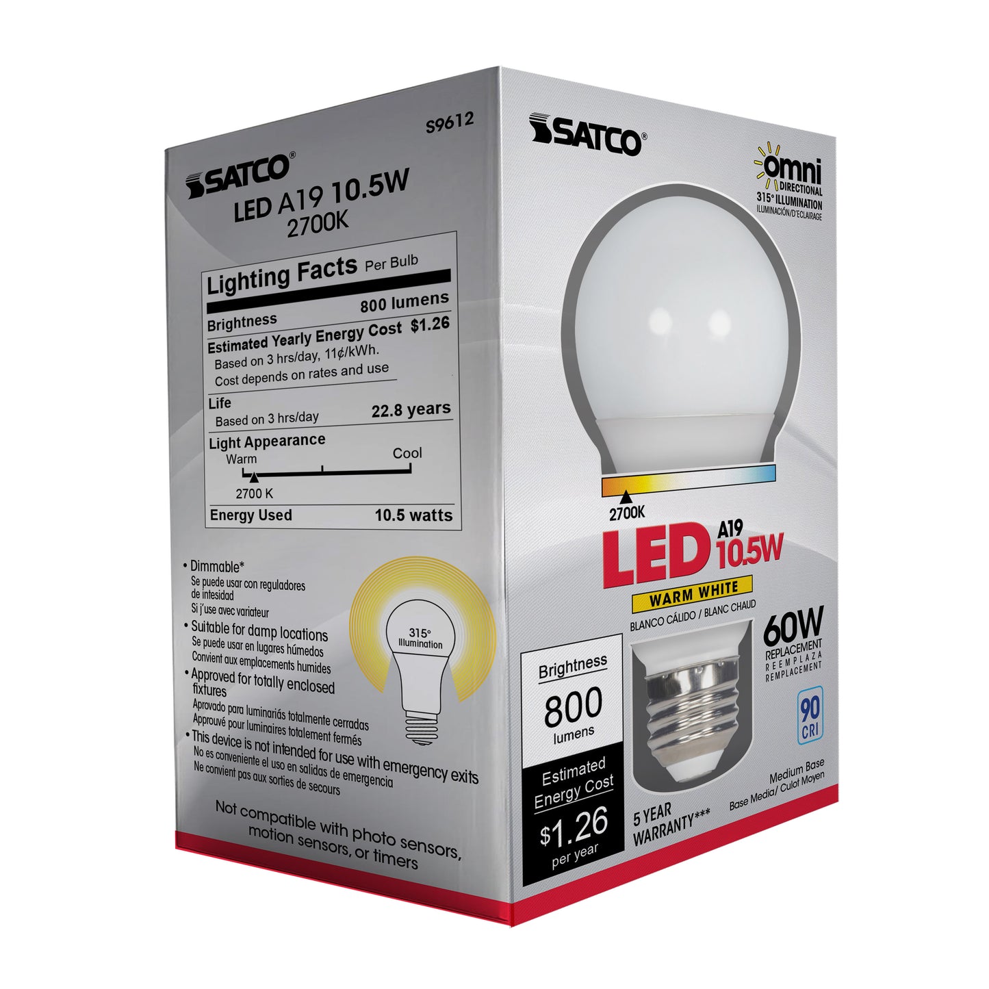 10.5 watt; A19 LED; 2700K; Medium base; 300' beam spread; 120 volts