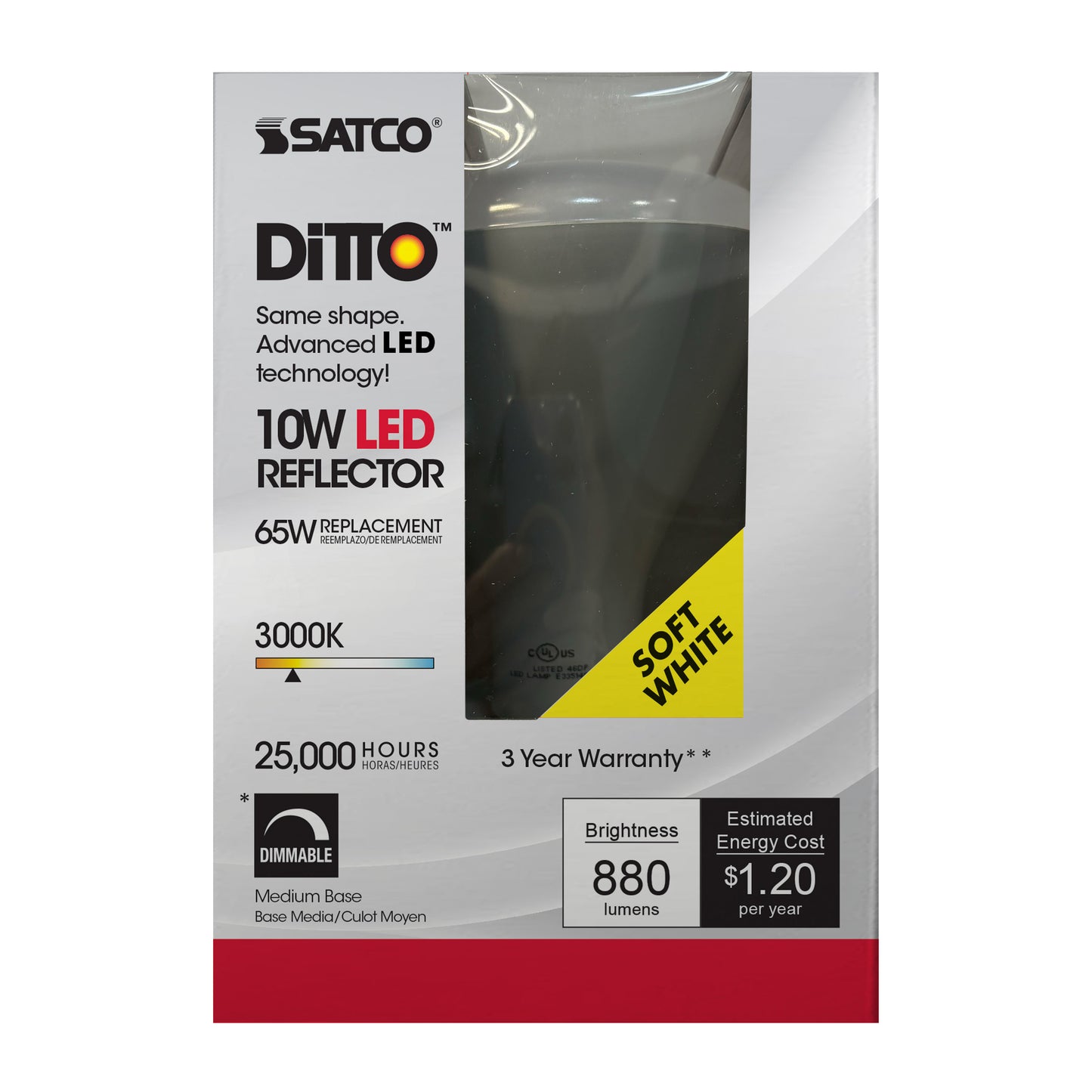 10 Watt; BR30 LED; 880 Lumens; 3000K; Medium base; 120 Volt; Dimmable
