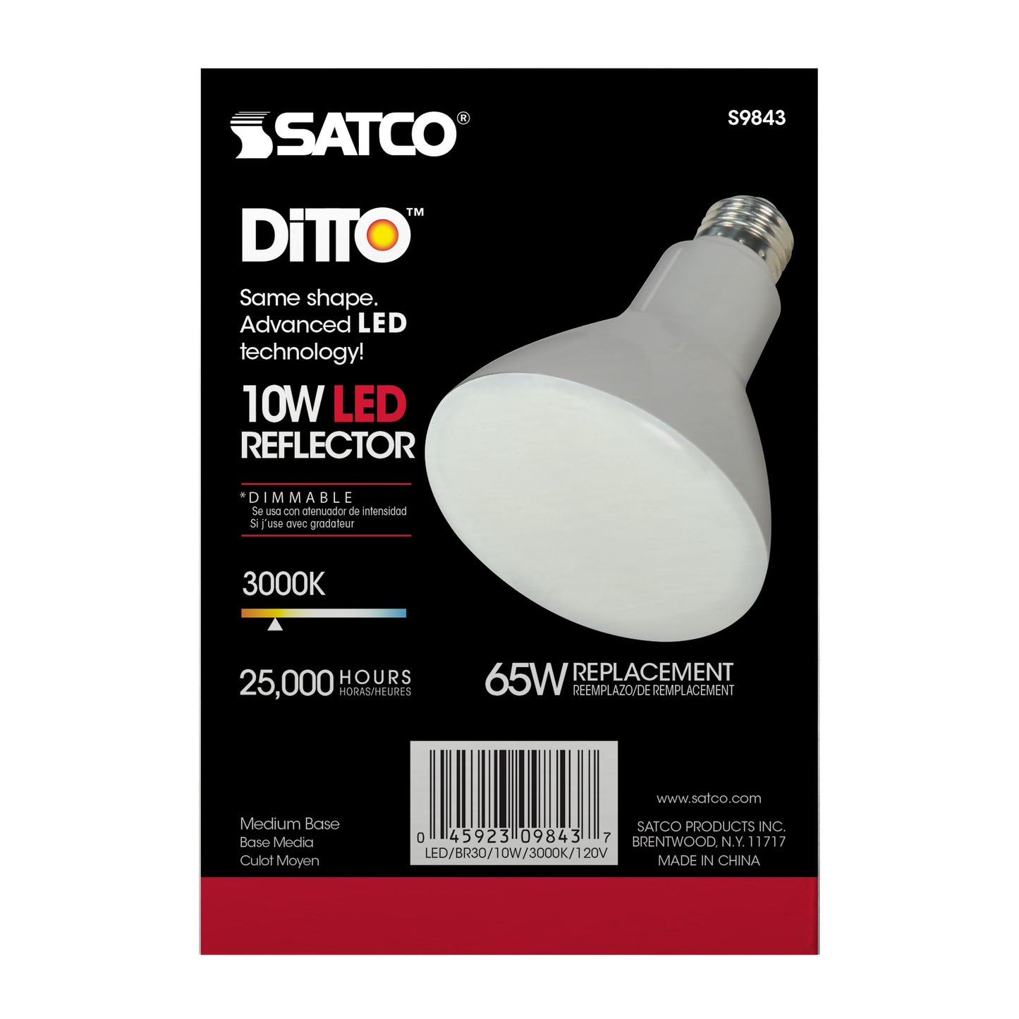 10 Watt; BR30 LED; 880 Lumens; 3000K; Medium base; 120 Volt; Dimmable