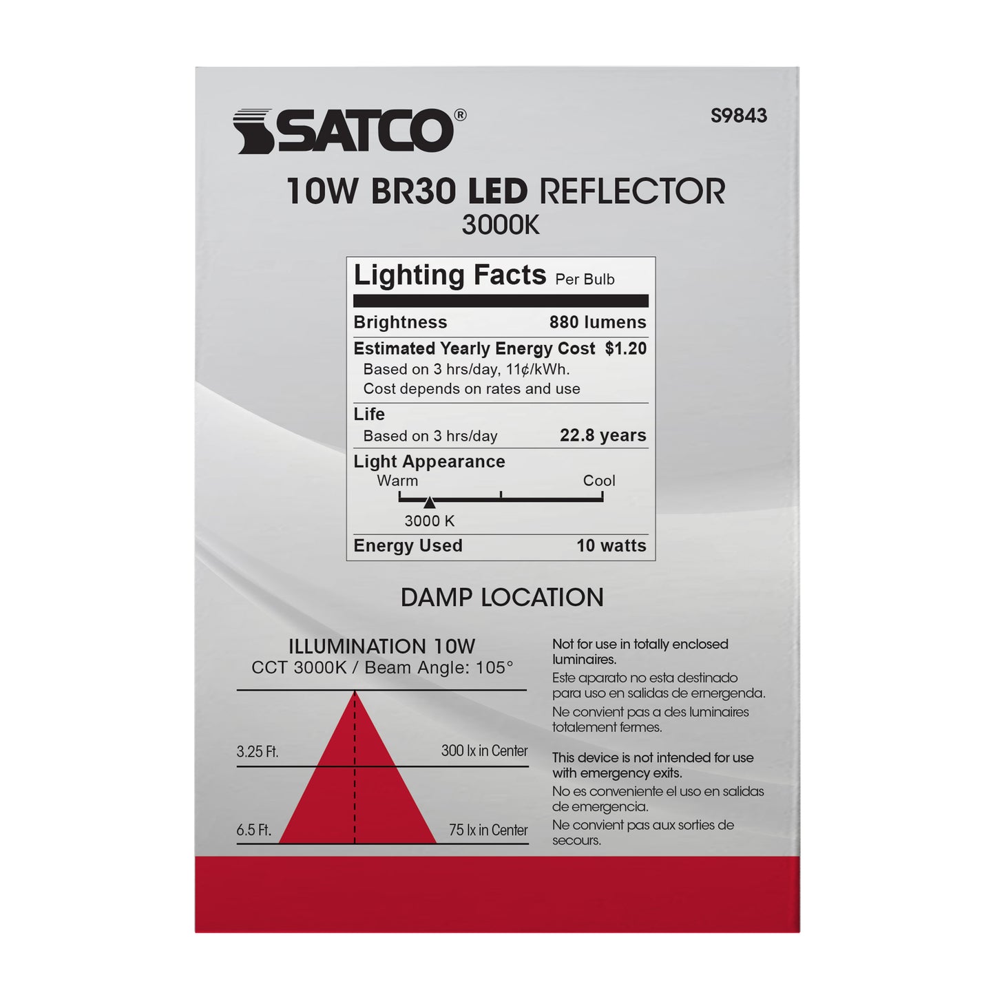 10 Watt; BR30 LED; 880 Lumens; 3000K; Medium base; 120 Volt; Dimmable