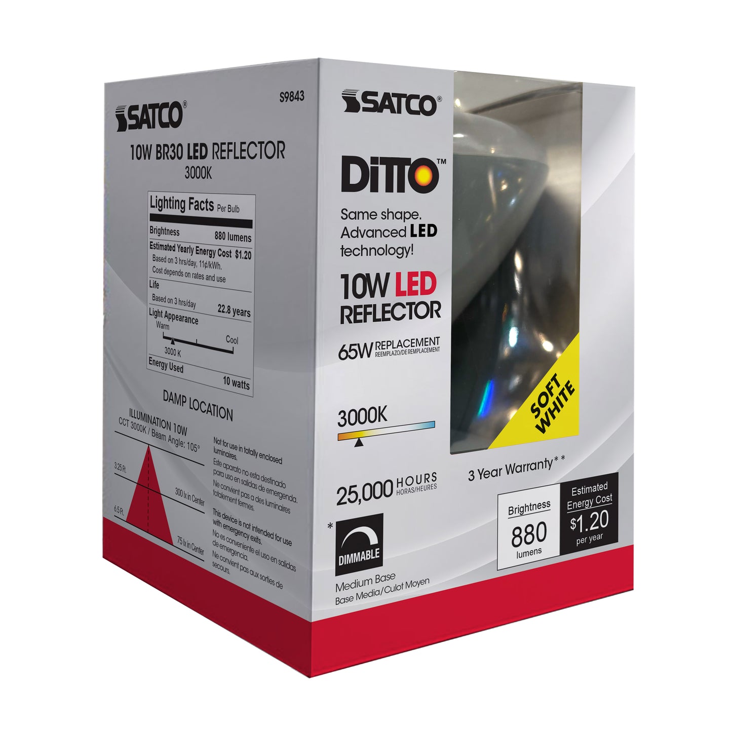 10 Watt; BR30 LED; 880 Lumens; 3000K; Medium base; 120 Volt; Dimmable