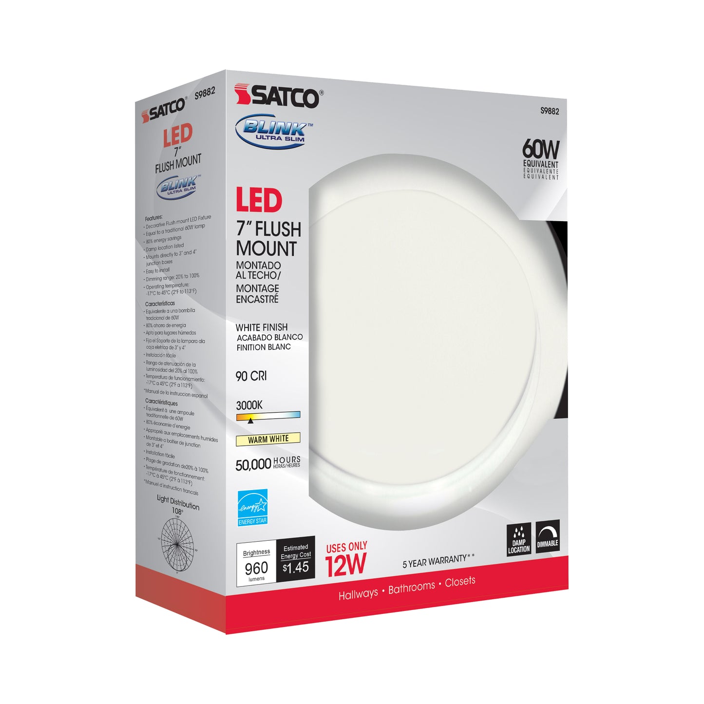 Blink - 12W- 7" Surface Mount LED - 3000K- White Finish - 120-277V
