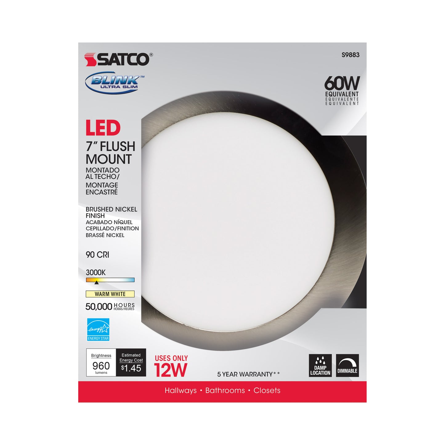 Blink - 12W- 7" Surface Mount LED - 3000K- Brushed Nickel Finish - 120-277V