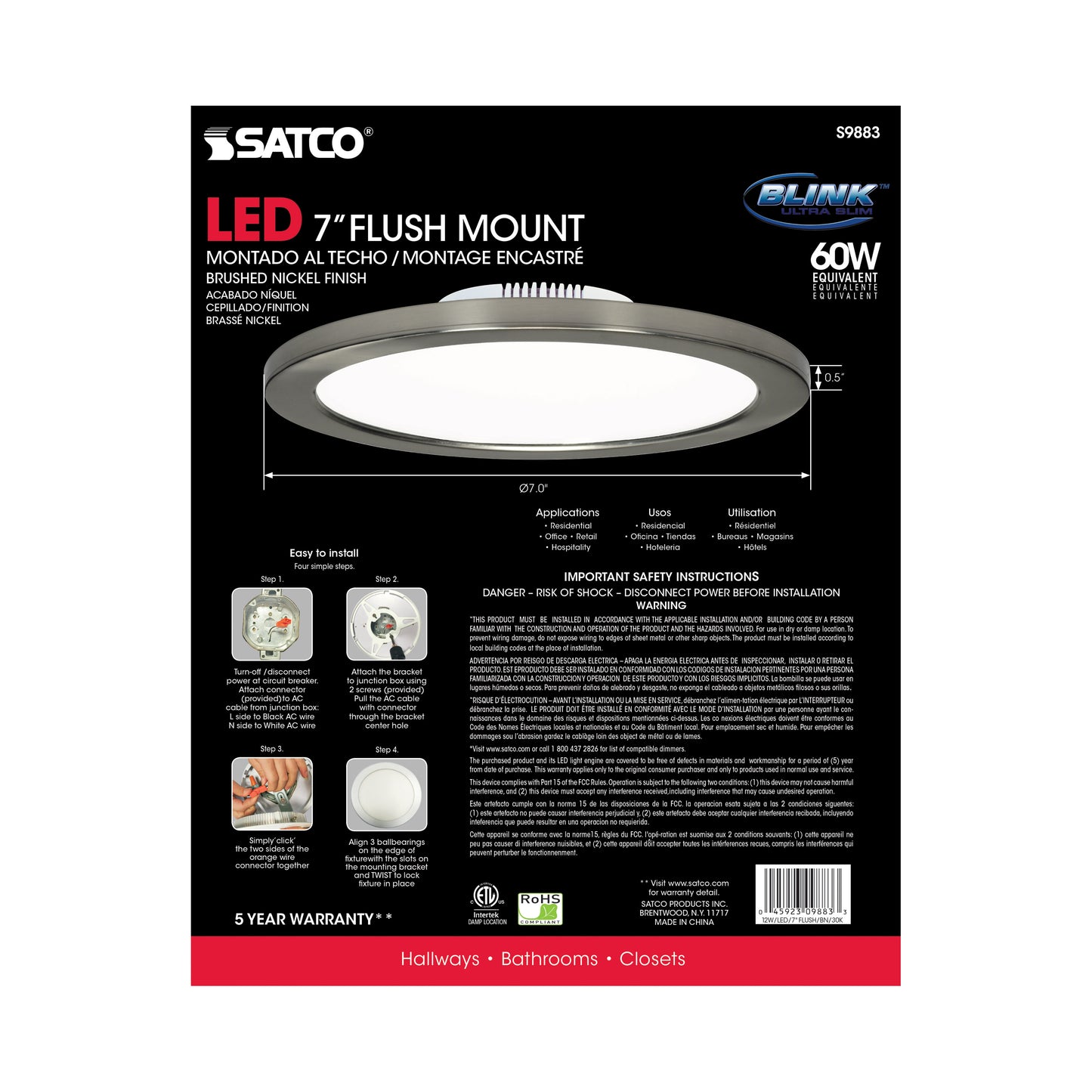 Blink - 12W- 7" Surface Mount LED - 3000K- Brushed Nickel Finish - 120-277V