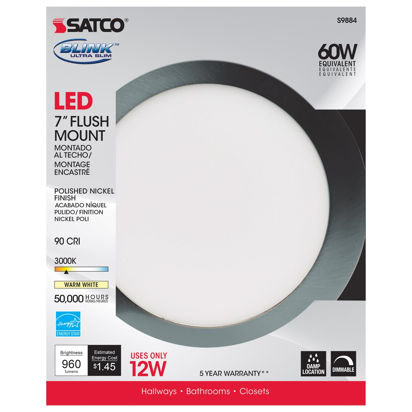 Blink - 12W- 7" Surface Mount LED - 3000K- Polished Nickel Finish - 120-277V