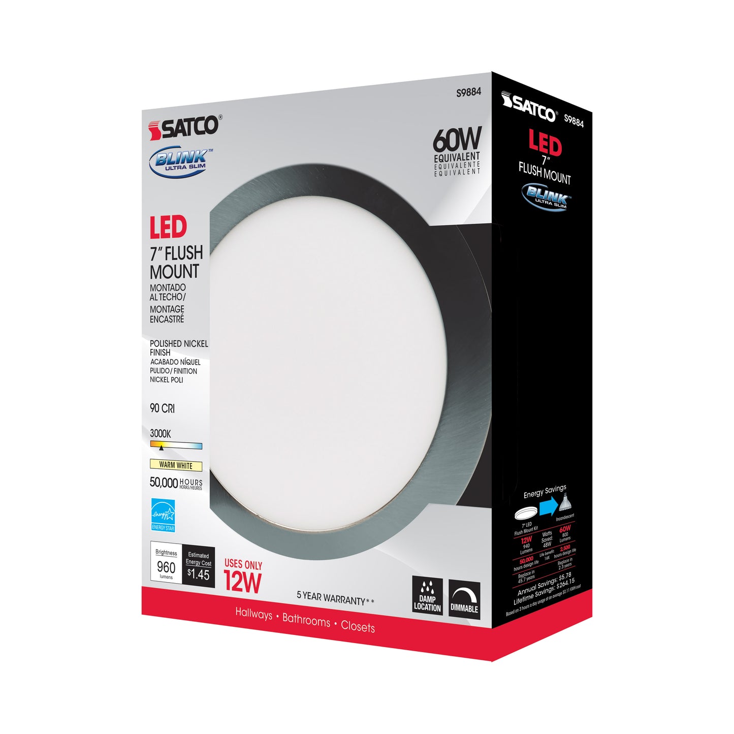 Blink - 12W- 7" Surface Mount LED - 3000K- Polished Nickel Finish - 120-277V