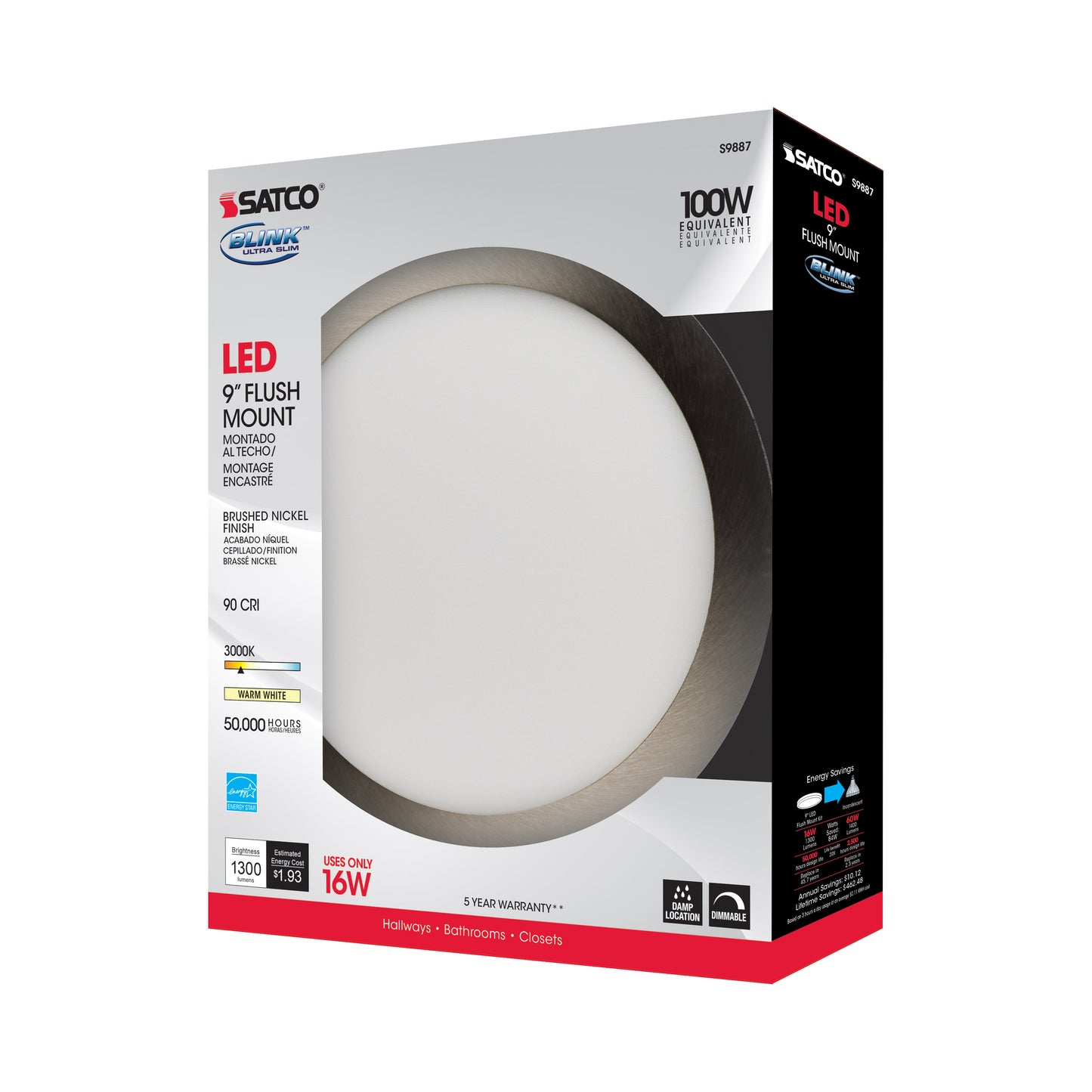 Blink - 16W- 9" Surface Mount LED - 3000K- Brushed Nickel Finish - 120-277V