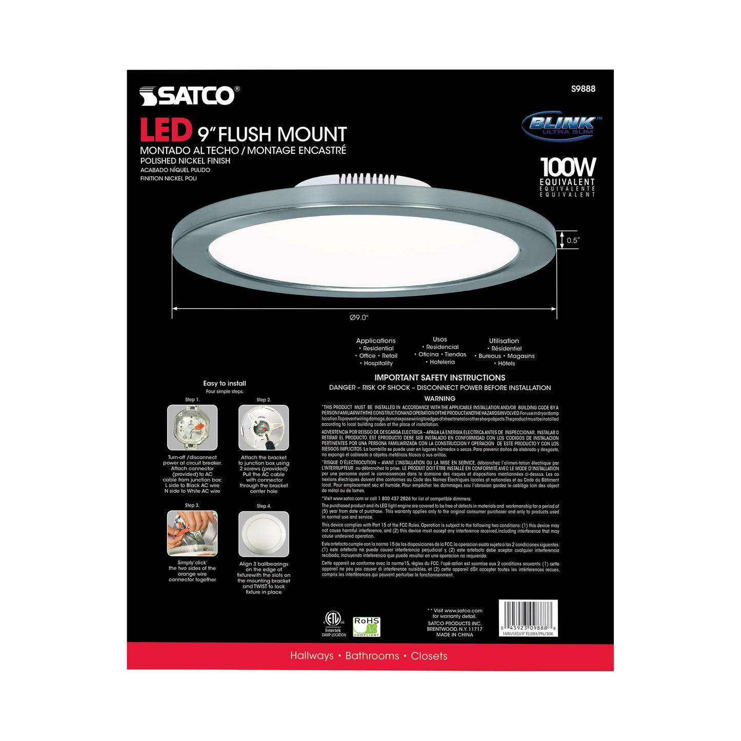 Blink - 16W- 9" Surface Mount LED - 3000K- Polished Nickel Finish - 120-277V