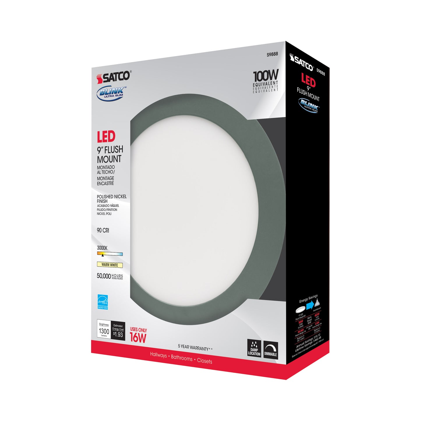Blink - 16W- 9" Surface Mount LED - 3000K- Polished Nickel Finish - 120-277V