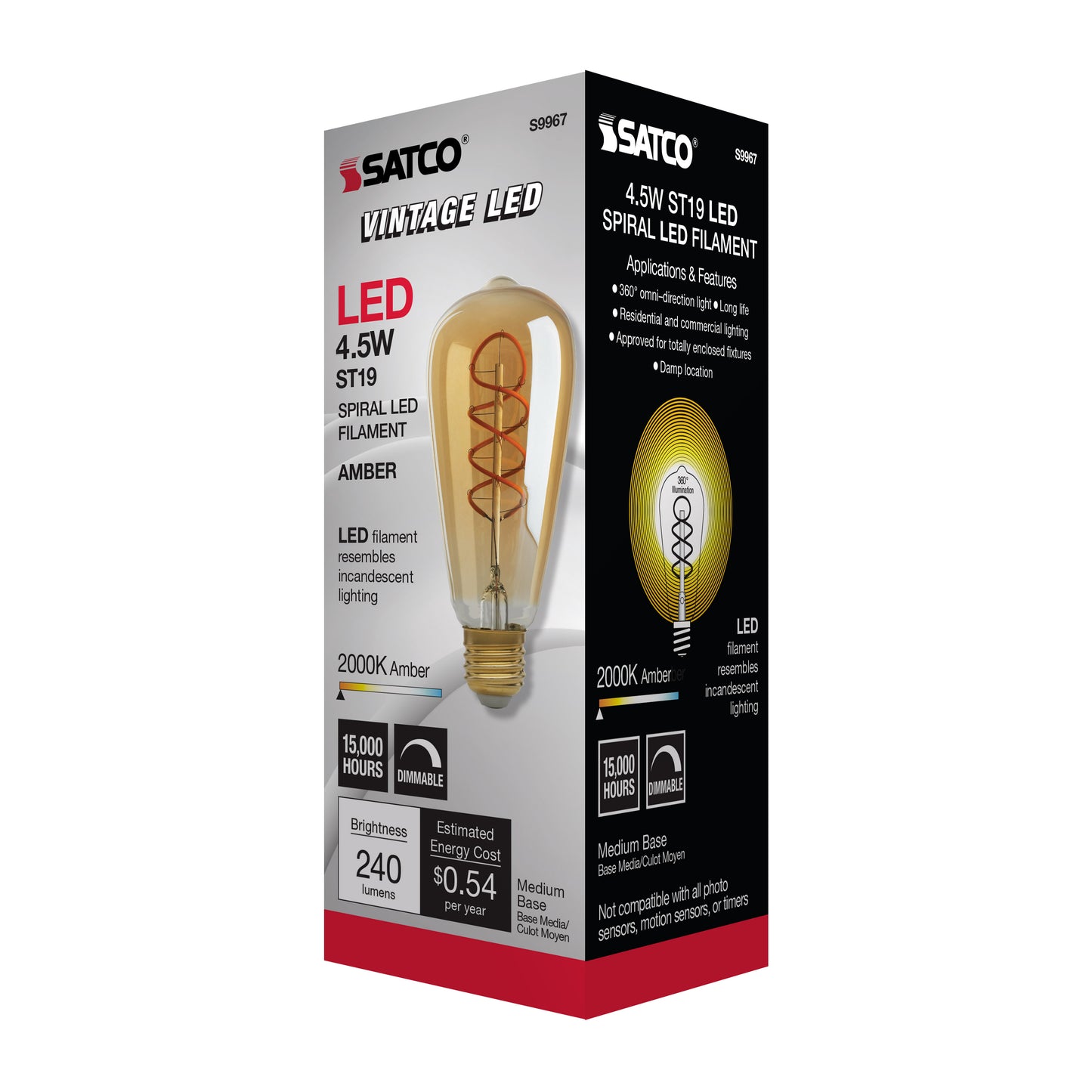 4.5 Watt ST19 LED Filament; Amber; Medium base; 2000K; 260 Lumens; 120 Volt